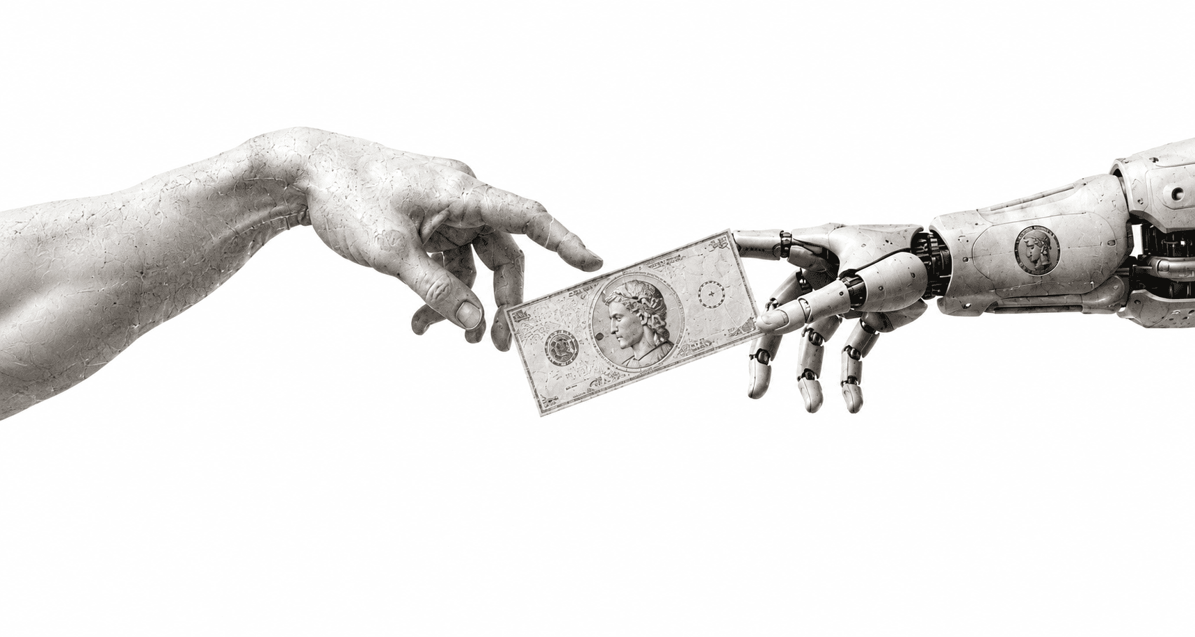 Human and robotic hands exchanging a banknote